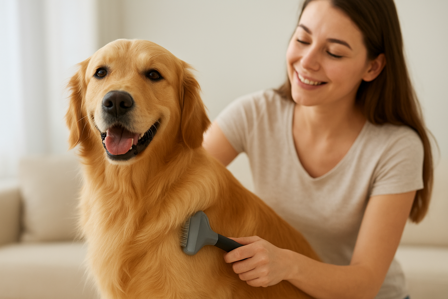 Dog getting brushed at home